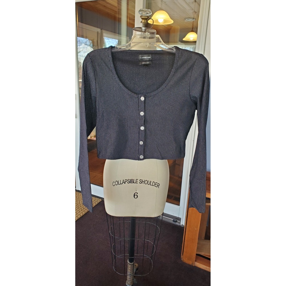 Carbon38 Womens Black Pinstripe Cropped Cardigan Button Front Scoop Neck S